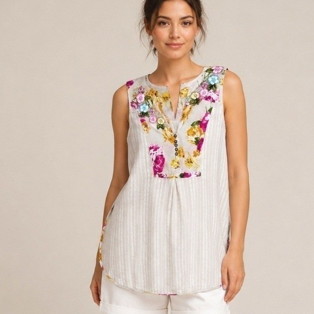 Aratta Floral Embroidered Sleeveless Tunic Top S/M Boho Cottagecore Art Festival
